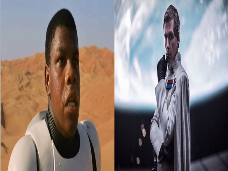 Finn, el soldado imperial que acompaña a Rey vs General Orson Krennic, líder del proyecto de la Estrella de la Muerte